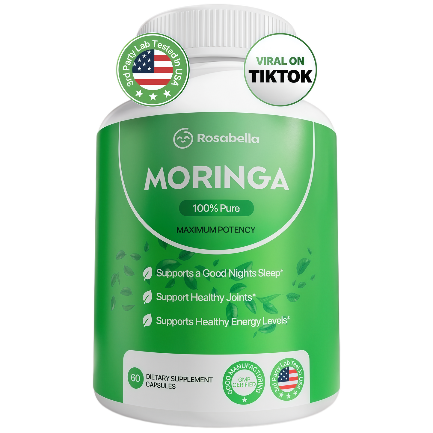 Rosabella Moringa Capsules - Pure Moringa Powder, Energy, Skin, Immune & Gut Health Superfood, Rich in Antioxidants, Essential Vitamins & Amino Acids, Natural Green Superfood Supplement - 60 Count