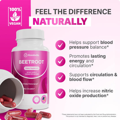 Rosabella Organic Beet Root Capsules - 1300mg Beet Root Powder Aids Healthy Circulation & Vitality, Non-GMO, Beet Root Supplement - 60 Capsules, 30-Day Supply